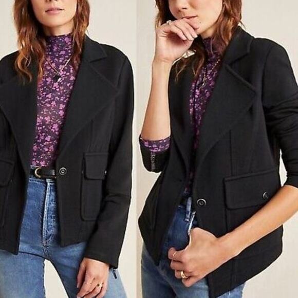 Anthropologie Womens Black Sylvia Surin Ponte Knit Moto Blazer Jacket Size Small - Picture 1 of 10